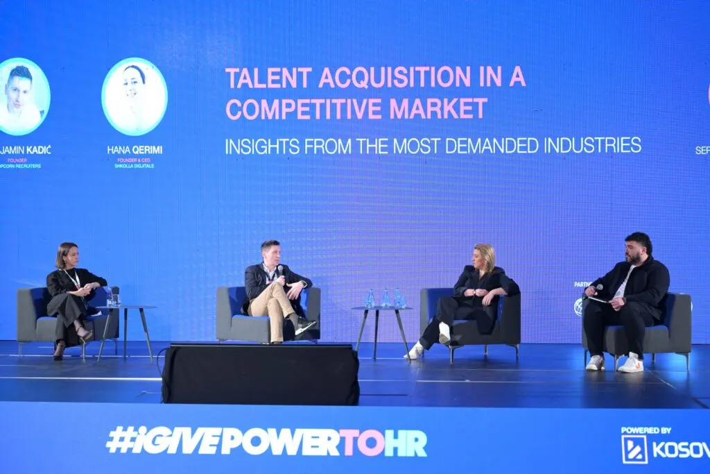 The panel “Talent acquisition in a competitive market” on the Power2HR stage, Hana Qerimi among the speakers on the screen